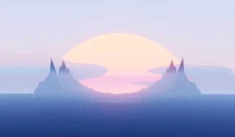 High cliffs and a large bright sun, futuristic landscape. 3d render Stock-Illustration