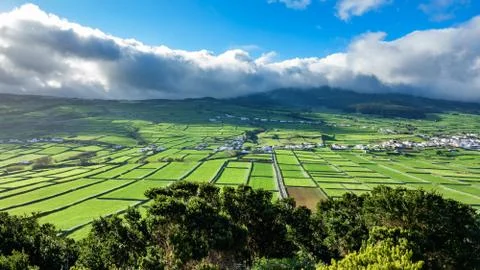 High contrast backlit of farm fields in the Terceira island, Azores Stock Photos