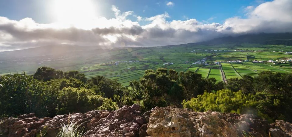 High contrast backlit of farm fields in the Terceira island, Azores Stock Photos