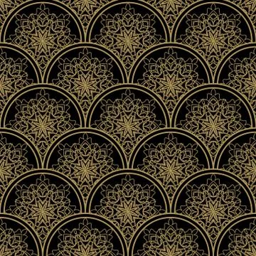 High contrasting seamless background tile with filigree golden ornament on .. Stock Illustration