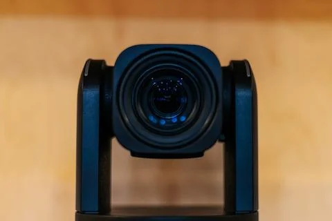 High-definition camera lens mounted on a black gimbal, showcasing intricate.. Stock Photos