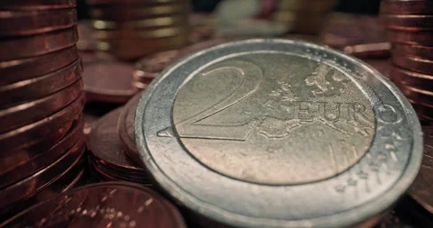 High Definition Close Up of Two Euro Coin Currency Concept Banking Transactions Stock Footage 294401905