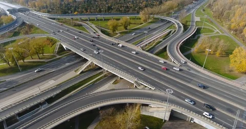 High Dense Highway Intersection. Aerial View. Flying Away Stock Footage 97862564