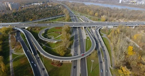 High Dense Traffic Flow On A Highway Intersection. Aerial Time Lapse Stock-Footage 97862745