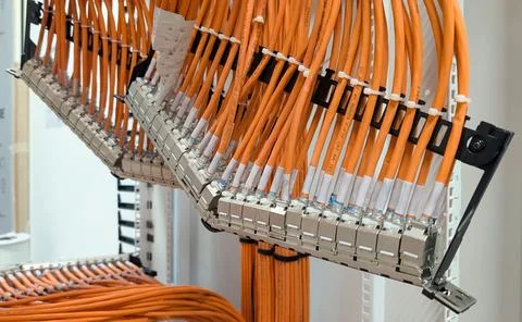 High-density Ethernet patch panel with structured cabling in a network cabine Stock Photos