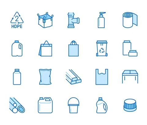 High density polyethylene flat line icons. HDPE products - jerry can, plastic Stock Illustration