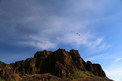 A high desert cliffside with three distant ravens flying in a blue sky  Stock Photos