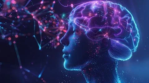High-Detail Visualization of Brain Neurons Connected to a Digital Interface Stock Illustration