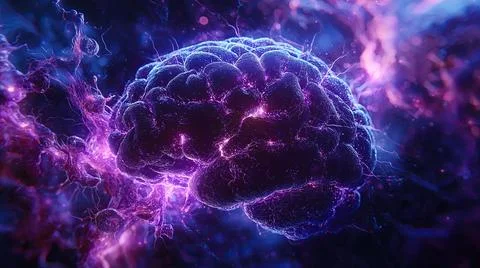 High-Detail Visualization of Brain Neurons Connected to a Digital Interface Stock Illustration