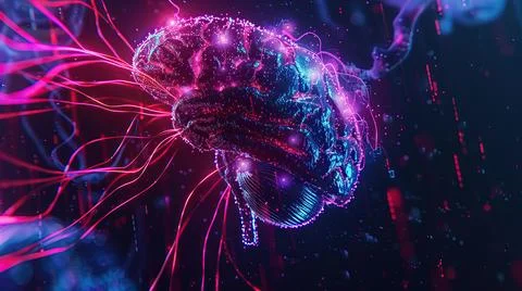 High-Detail Visualization of Brain Neurons Connected to a Digital Interface Stock Illustration