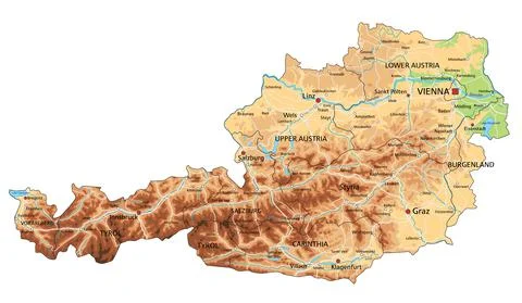 High detailed Austria physical map with labeling. Stock Illustration