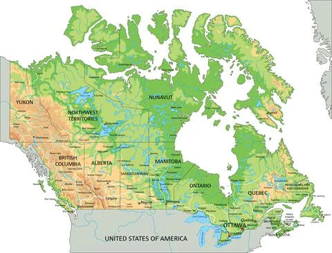 High detailed Canada physical map with labeling. Stock Illustration