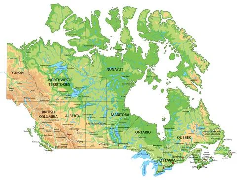High detailed Canada physical map with labeling. Stock Illustration