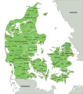 High detailed Denmark physical map with labeling. Stock Illustration