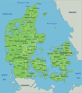 High detailed Denmark physical map with labeling. Stock Illustration