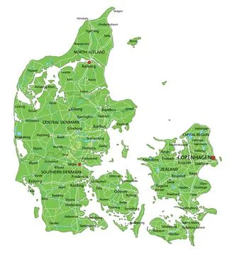 High detailed Denmark physical map with labeling. Stock Illustration