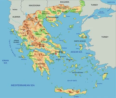 High detailed Greece physical map with labeling. Stock Illustration