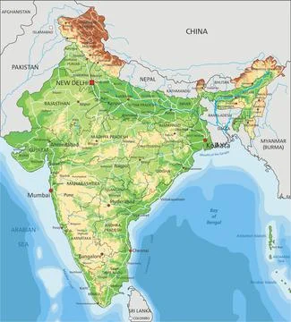 High detailed India physical map with labeling. Stock Illustration