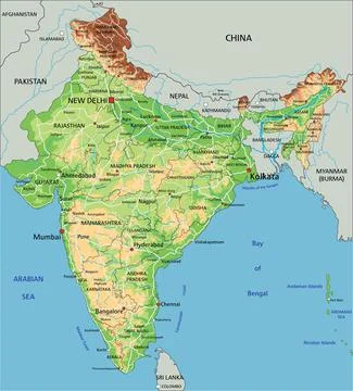 High detailed India physical map with labeling. Stock Illustration