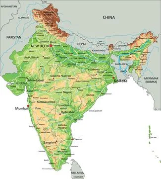 High detailed India physical map with labeling. Stock Illustration