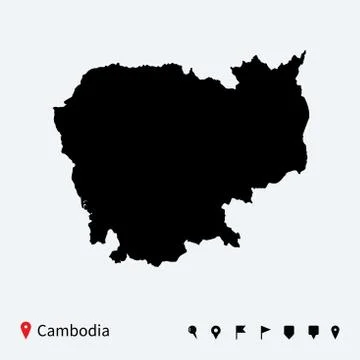 High detailed vector map of Cambodia with navigation pins. 스톡 일러스트