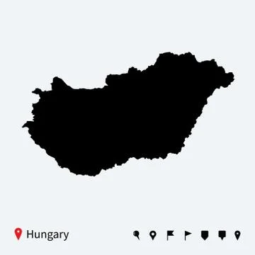 High detailed vector map of Hungary with navigation pins. Stock Illustration