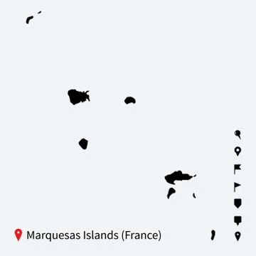 High detailed vector map of Marquesas Islands with navigation pins. Stock Illustration