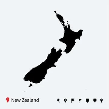 High detailed vector map of New Zealand with navigation pins. Illustration