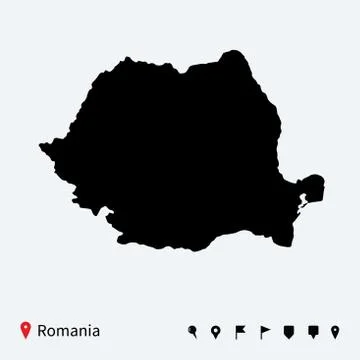 High detailed vector map of Romania with navigation pins. Stock Illustration