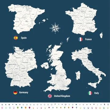 High detailed vector maps of United Kingdom, Italy, Germany, France and Spain Stock Illustration