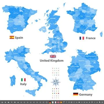 High detailed vector maps of United Kingdom, Italy, Germany, France and Spain Stock Illustration