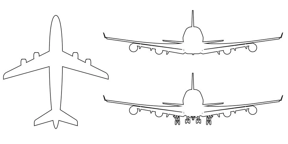 High-detailed Vector plane with line art style. Top, side, front and back view Stock Illustration