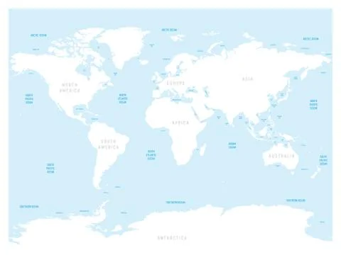 High detailed World map. With labels of main oceans, seas, gulfs, bays and Stock Illustration