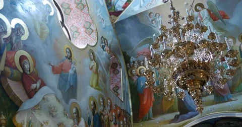 High Dome Ceiling With a Lot of Arty Murals and Saint Pictures in the Great Video stock 52823103