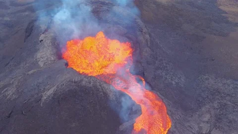 High drone birds eye view aerial of the Fagradalsfjall volcano volcanic Stock Footage 155740682