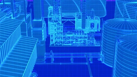 High drone camera view zoom to blue futuristic wireframe oil refinery building Vídeos de archivo 148829159