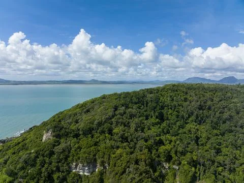 High Drone Flight Over Forested Coastal Mountain Stock Photos