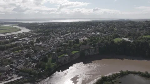 High Drone Pan over Chepstow Castle River in Foreground in 4K Видео 334656358