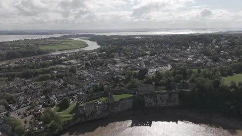 High Drone Pan over Chepstow Castle UK Overcast Sky in 4K Видео 334656367