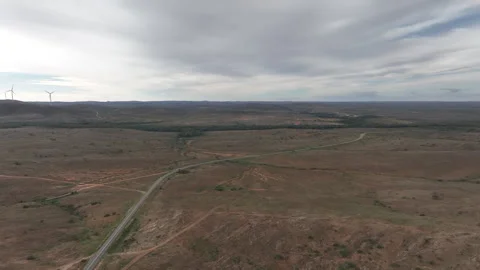 High drone perspective following a lonely road through the expansive semi-arid Stock Footage 342338010