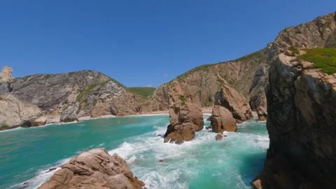 High drone view of beach near Lisbon, Portugal. Vehicle tracks drawn in the sand Stock Footage 323393538