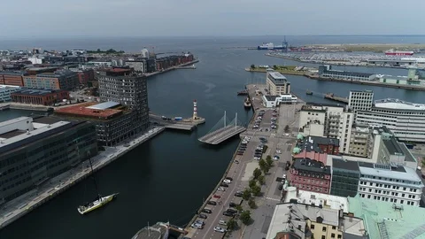 High drone view of Malmo University Bridge closing in Sweden 스톡 동영상 111634798