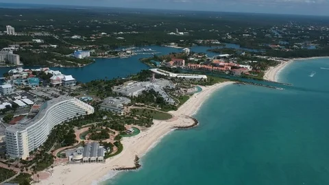 High Drone View of Our Lucaya Coastal Area and Port Lucaya, Bahamas Stock Footage 96224326