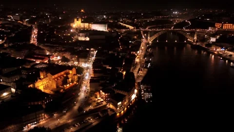 High Drone View of Porto Riverfront and Dom Luis I Bridge Stock Footage 344798618