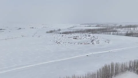 High drone view of snow covered hills and rural winter landscape in Xinjiang Stock Footage 336596747