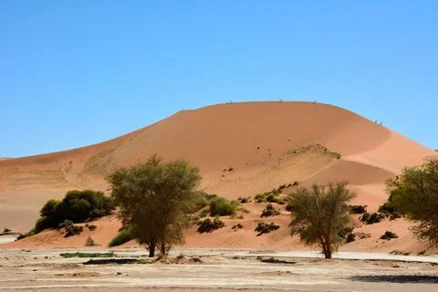 A high dune in the desert, about which tourists walk from above Stock Photos