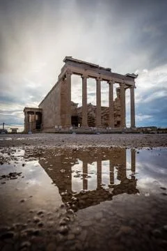 High dynamic range photo of Temple of Athena in Acropolis, seen with reflection Stock Photos