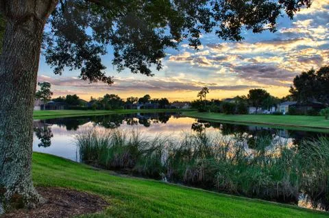 High Dynamic Range sun set photo of Hunters Creek Community Stock Photos