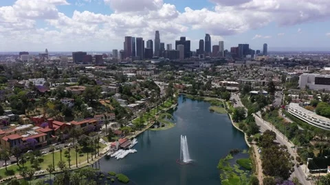 High Echo Park Lake to Downtown LA Stock Footage 133471791