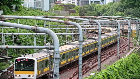 High efficiency Japanese train system with quad track local and express service  動画素材 244052325